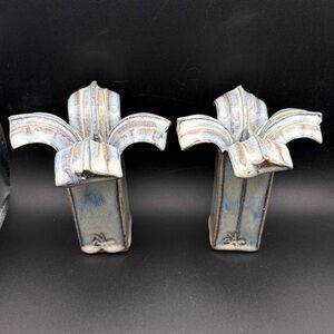 PAUL ANTHONY Studio Pottery Art Blue Ceramic Glazed Candlestick Holder Pair